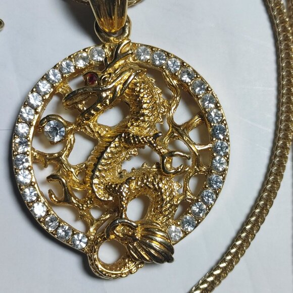 Gold Chinese Dragon Year Pendant Necklace Gold Tone Rhinestones 22 inch Chain - Picture 1 of 14